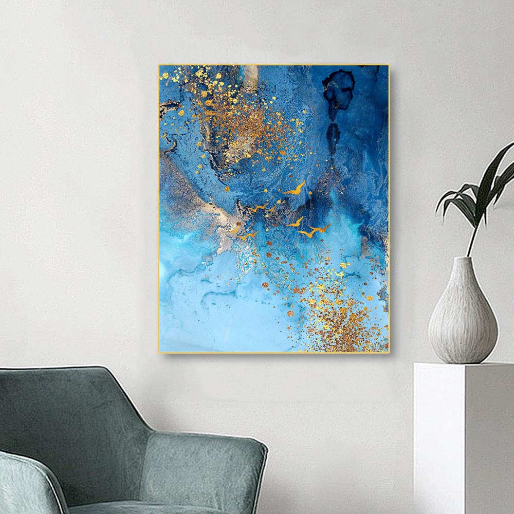 Amazon.co.jp: 抽象壁アートパネルキャンバス絵画インテリア金青