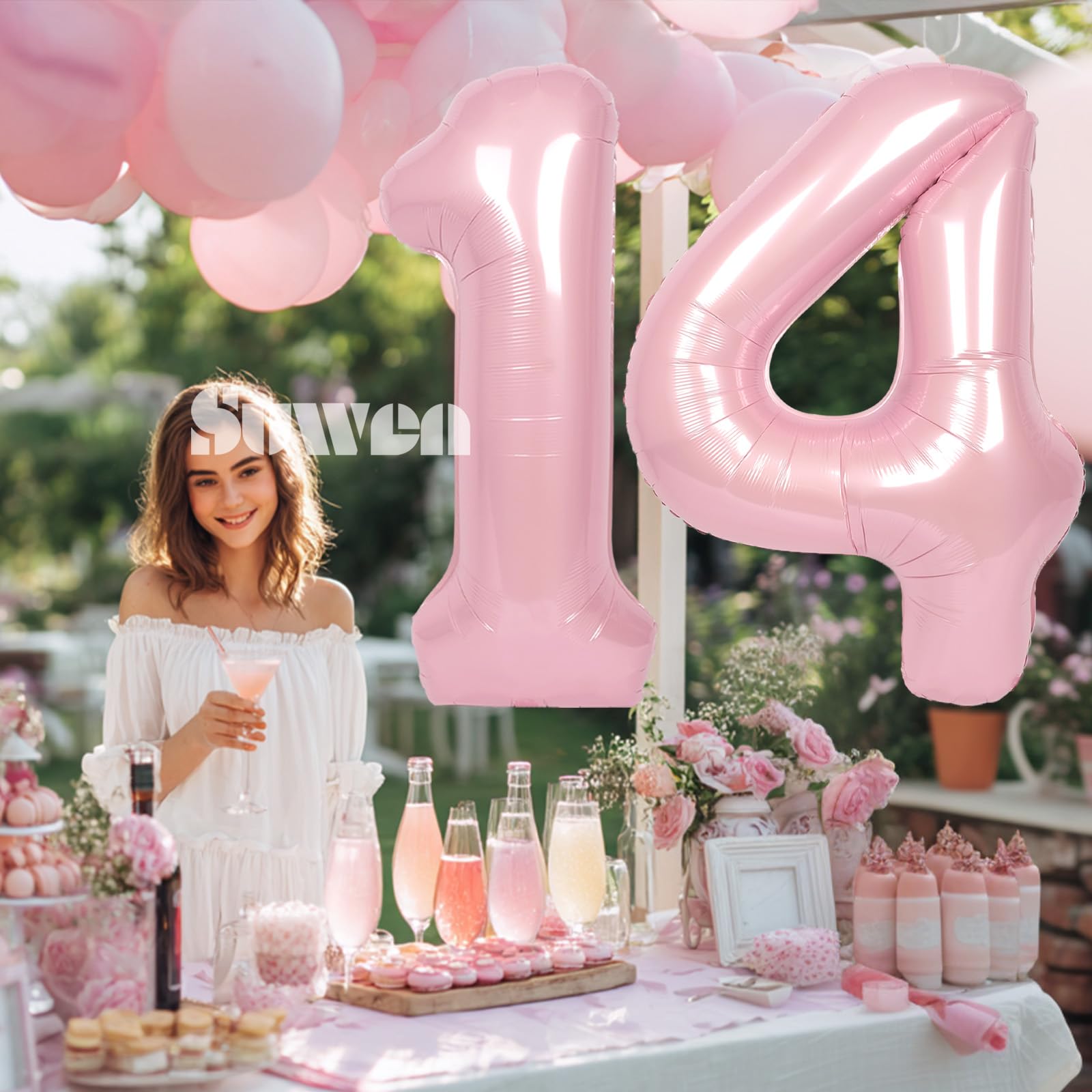 Amazon | SUWEN 40インチ ピンク 大型 14個 風船 数字 大きなホイル