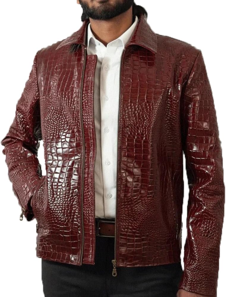 Men's Fashion Stylish Real Leather Crocodile Embossed Jacket