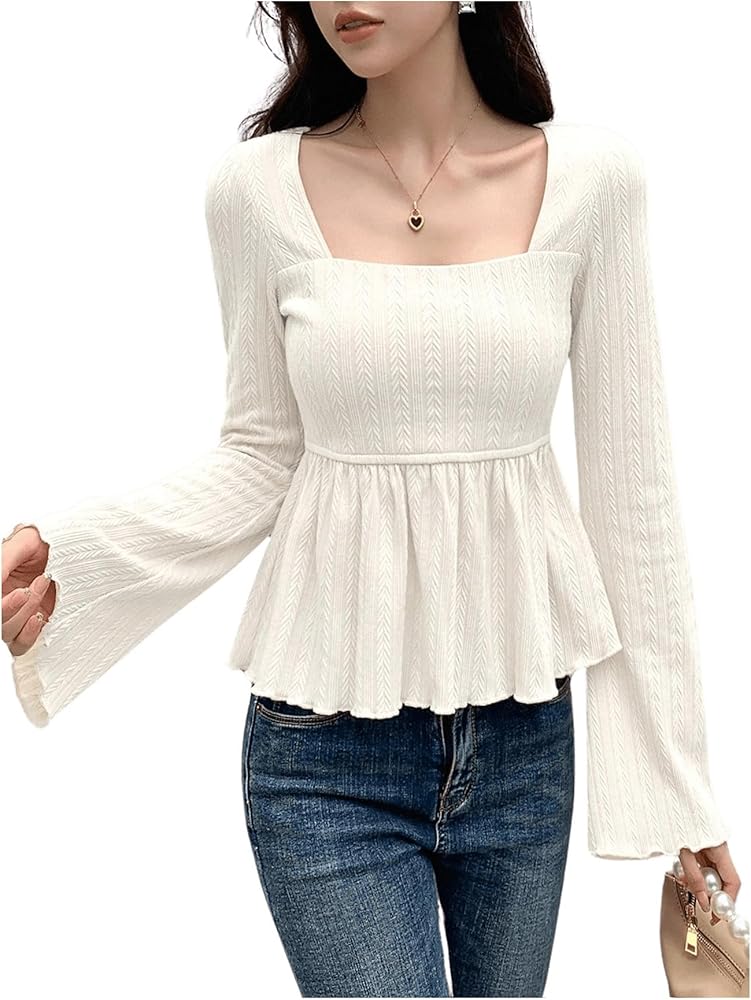 SweatyRocks Women's Ruffle Bell Long Sleeve T Shirts Square Neck