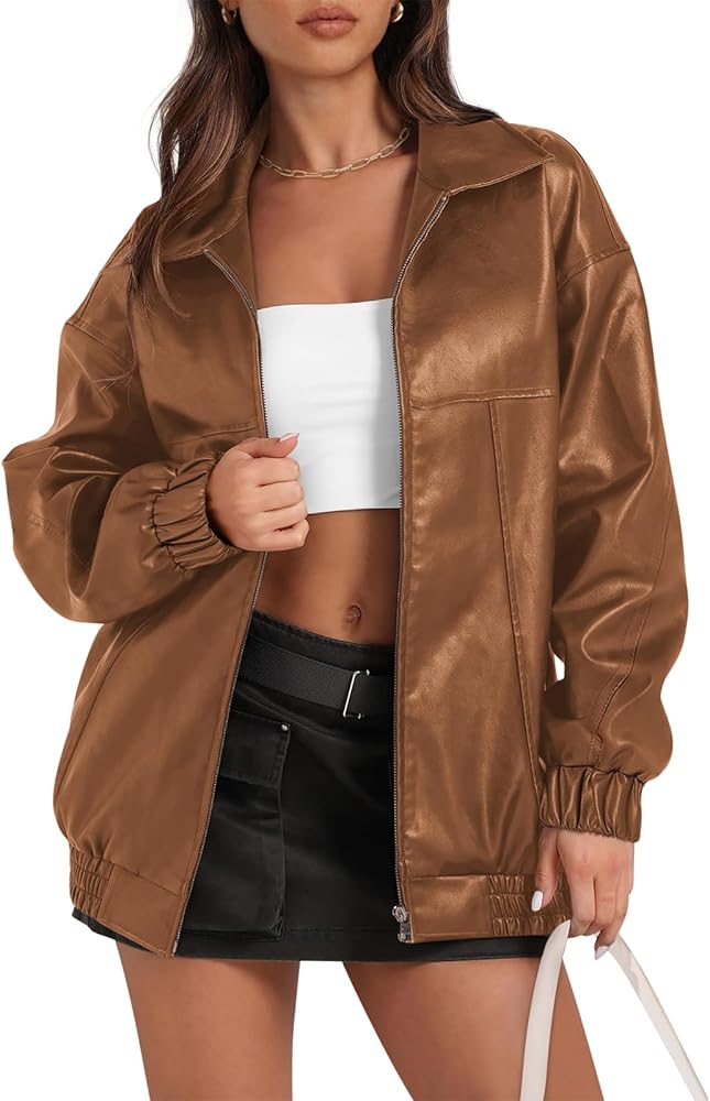 Yousify Womens Leather Jacket Long Sleeve Lapel Casual Fashion