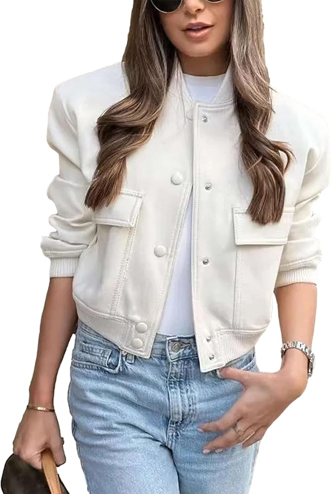 Amazon.com: Megfie Womens Cropped Bomber Jacket Button Down