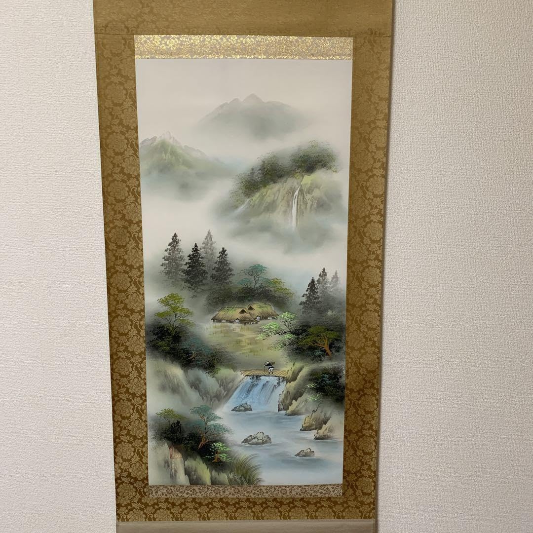 掛け軸 宮島龍石 水墨山水 絹本 希少 軸装 茶道具 掛軸 美品 です