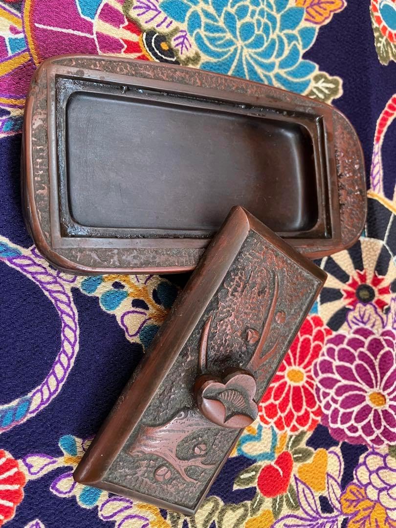 2099 古硯 端渓硯 竹彫 共箱 書道具 文房四宝 唐物 中国美術 2099 古硯