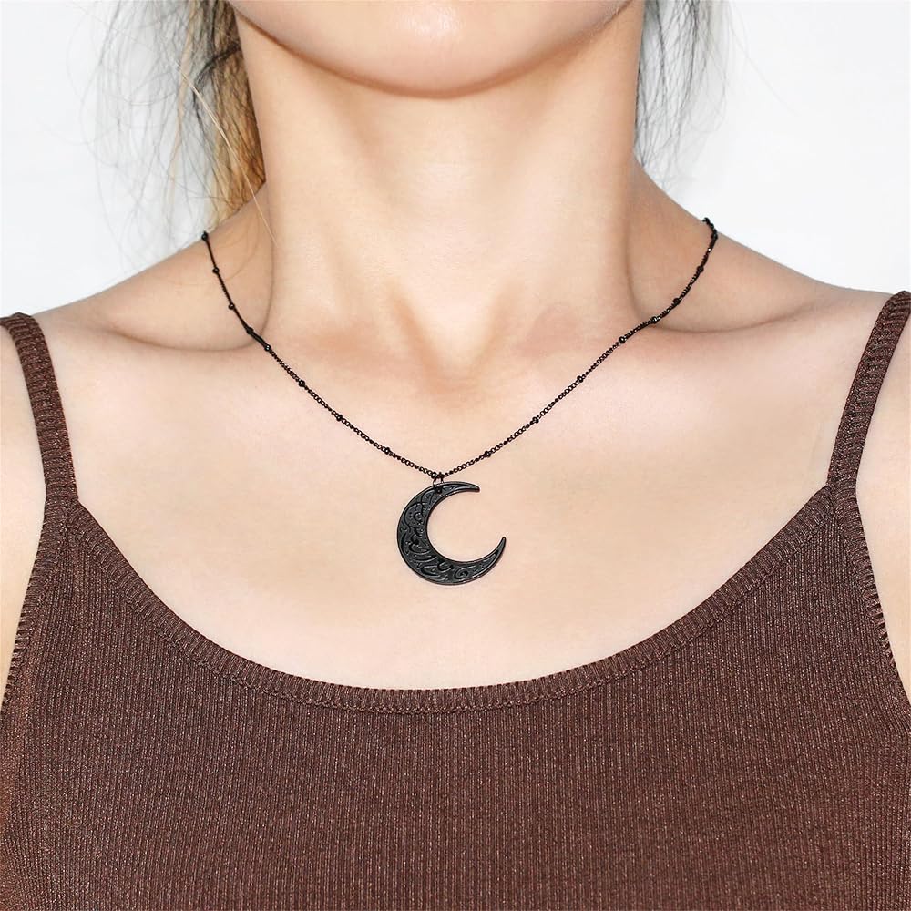 JunyiDIY Moon Arabic Necklace - Black Stainless Steel Islamic