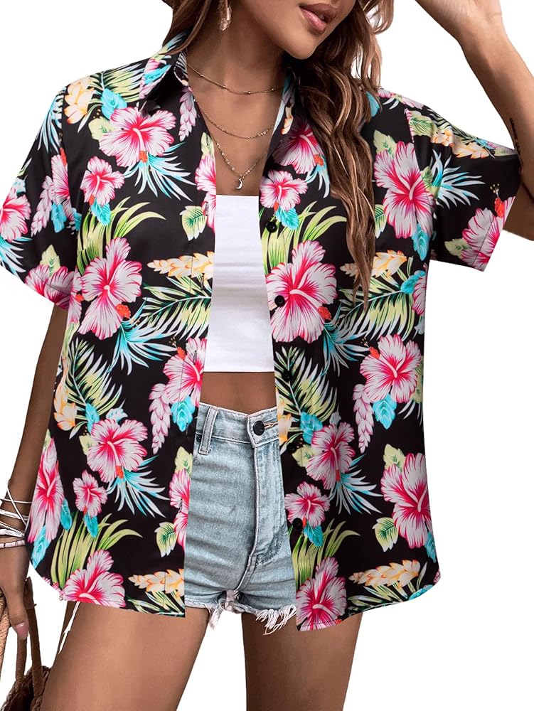 MYHALF Women Hawaiian Shirt Soft Cool Summer Hawaii Shirts Floral