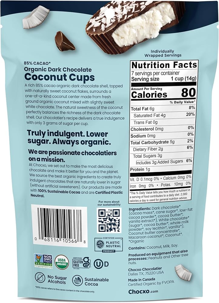 Amazon.com : Chocxo Coconut Cups Dark Chocolate 85% Organic 3.45