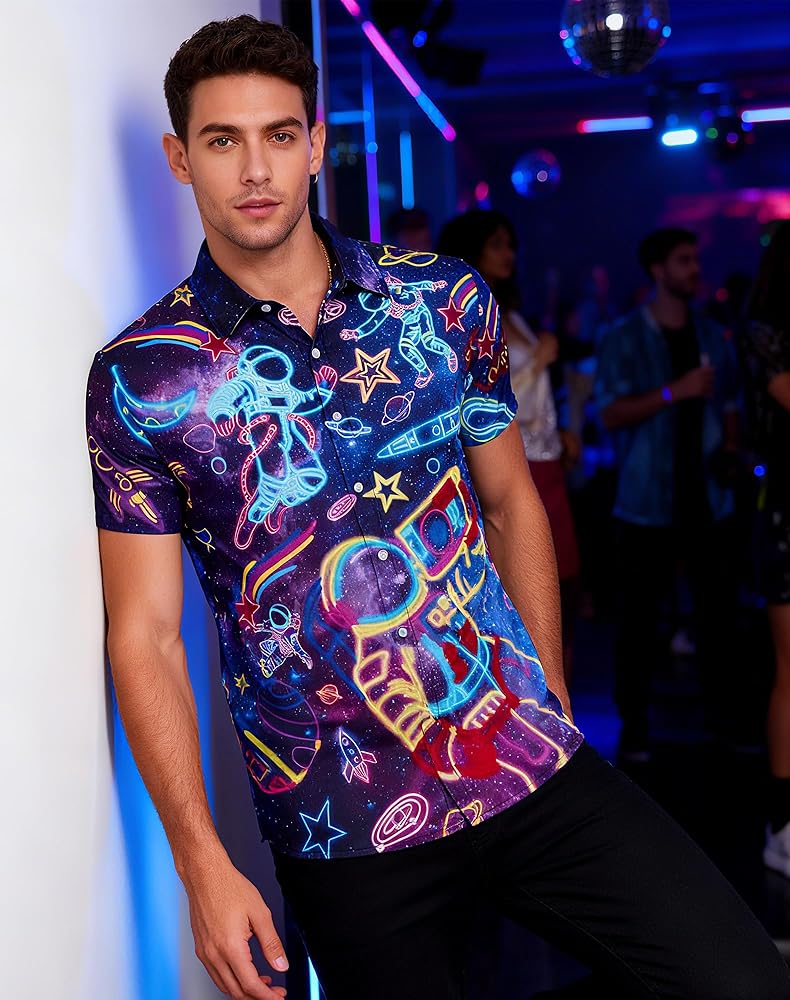 Amazon.com: uidezone Mens Neon Shirt 80s 90s Space Astronaut