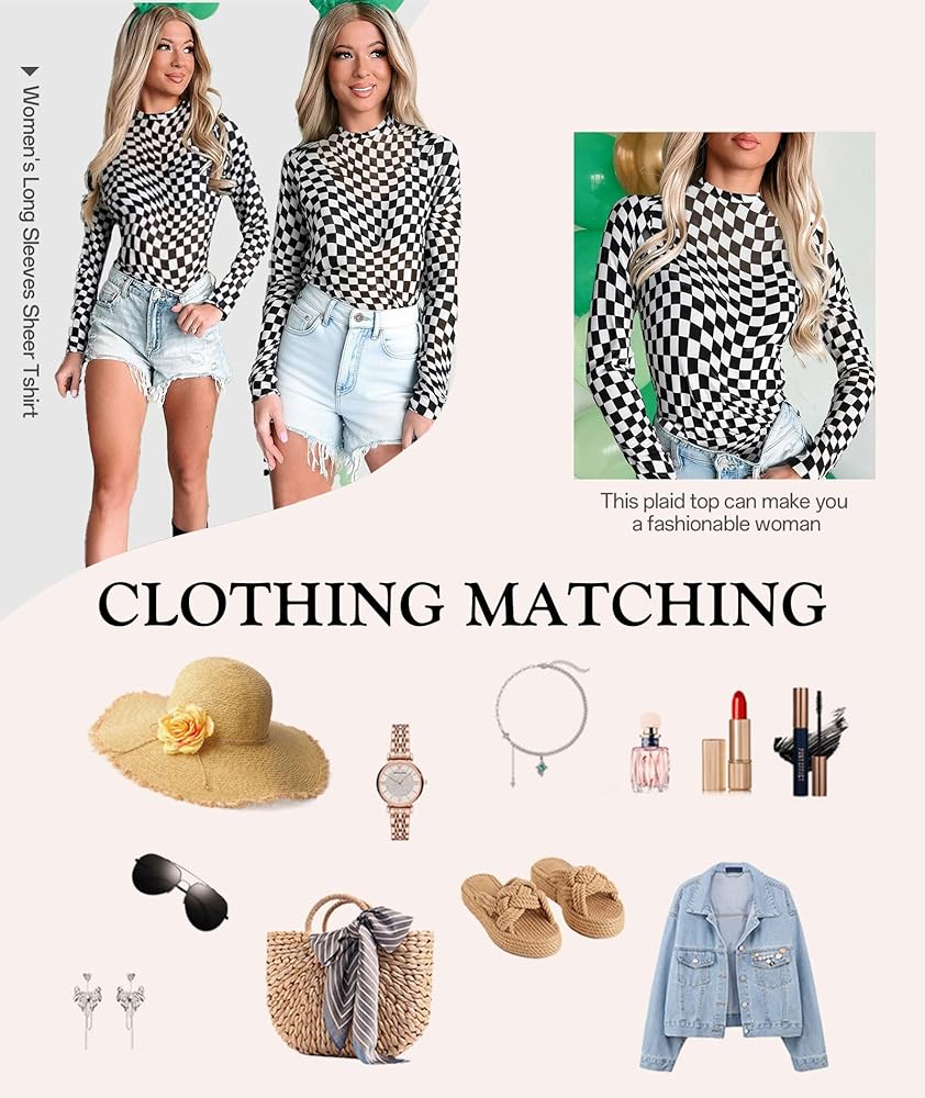 MARZXIN Women Mesh Long Sleeve Checkered Print Undershirt Sheer