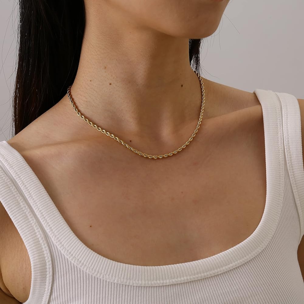 Amazon.com: Mauzew Dainty Rope Chain Necklace for Women 18K Gold