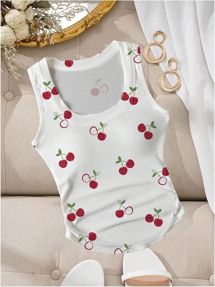 WDIRARA Women's Cherry Print Curve Hem Tank Top Sleeveless Scoop