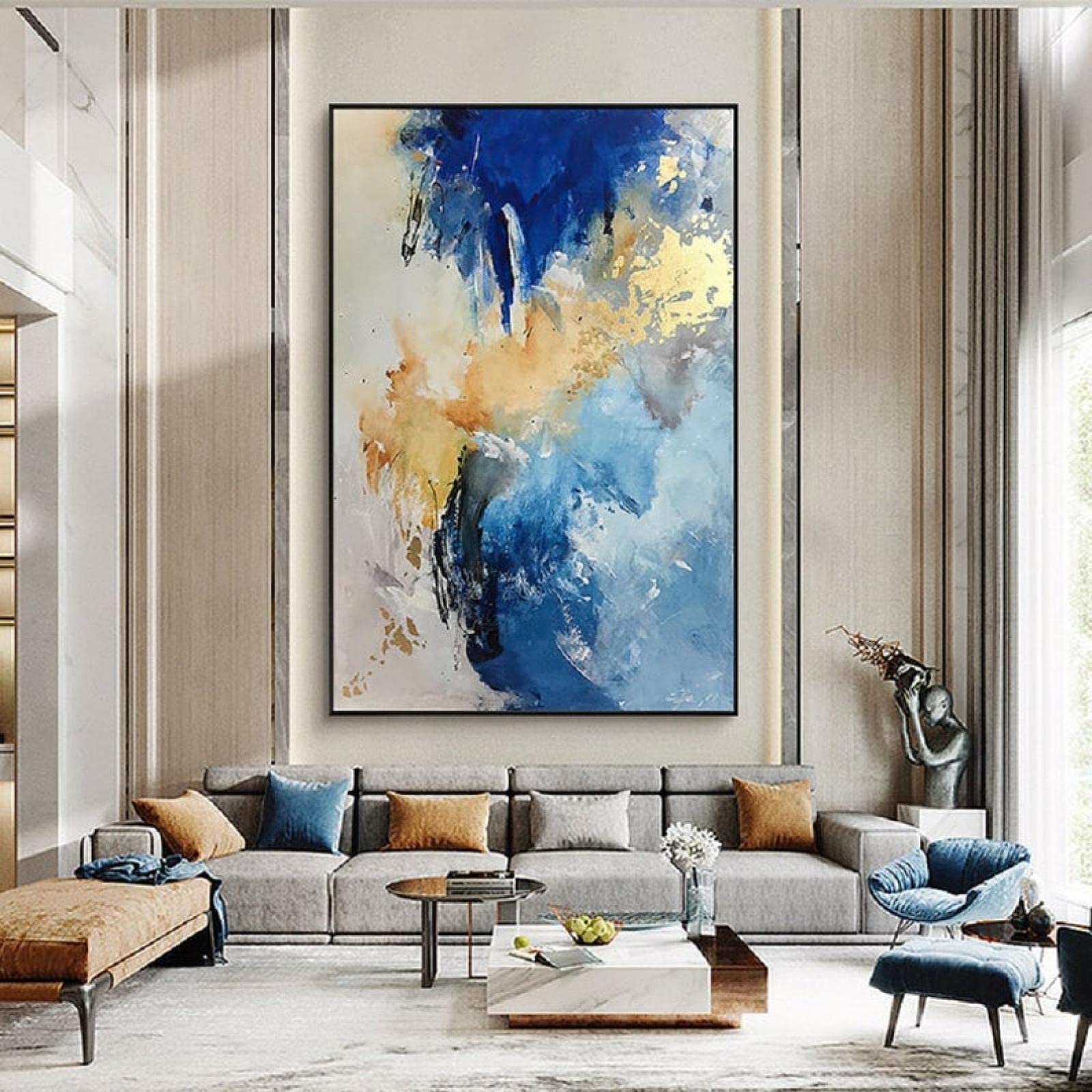 Amazon｜抽象絵画青と金の絵画金のキャンバスの絵画金の芸術特大の絵画