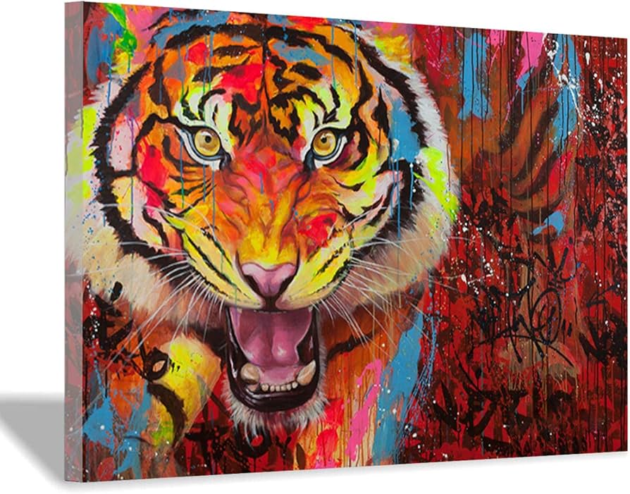 Amazon.co.jp: カラフルな虎の絵動物のキャンバス絵画壁アート落書き虎