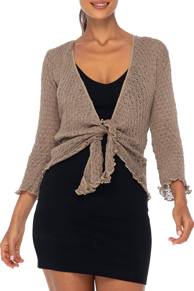 Back From Bali Womens 100% Cotton Shrug Beige Tie Front Cardigan
