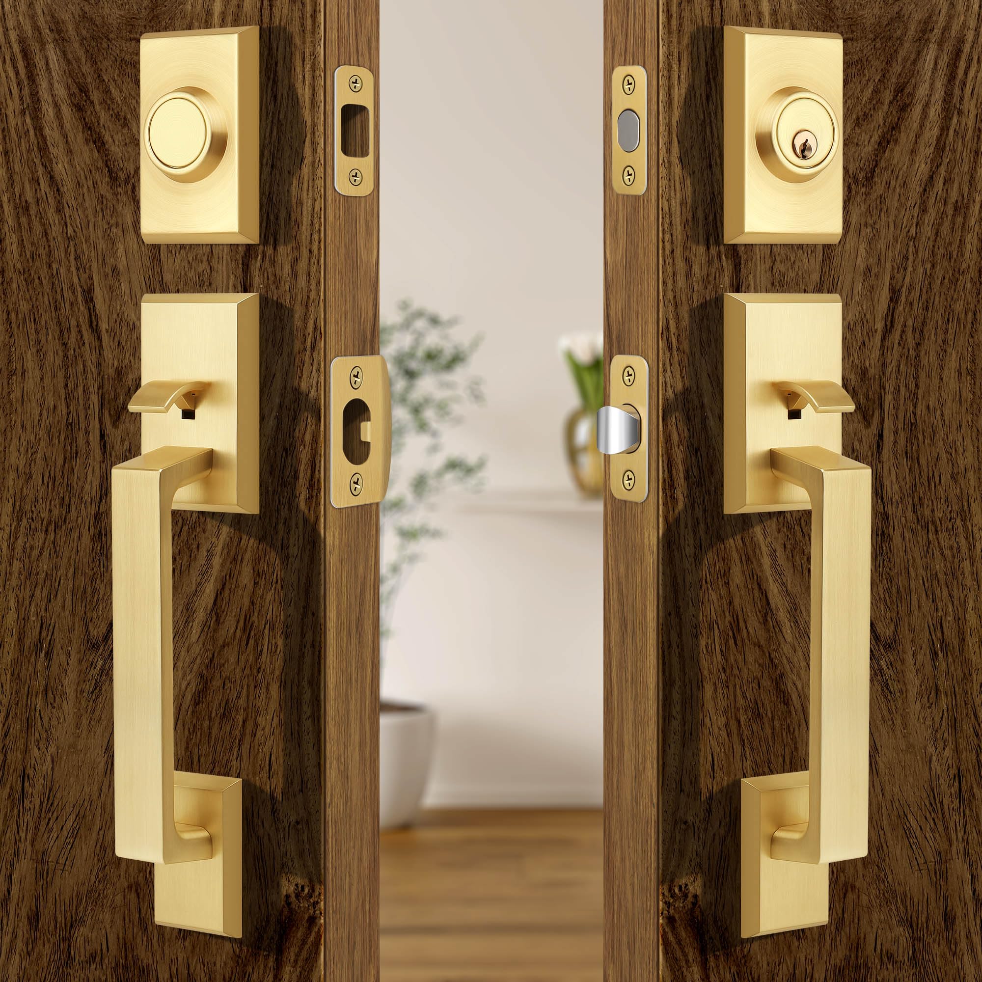 Moquin Double Front Door Lock Set, Brushed Gold Square Front Door