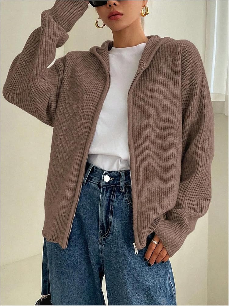 SOLY HUX Zip Up Cardigan for Women Hooded Cardigan Sweater Knitted