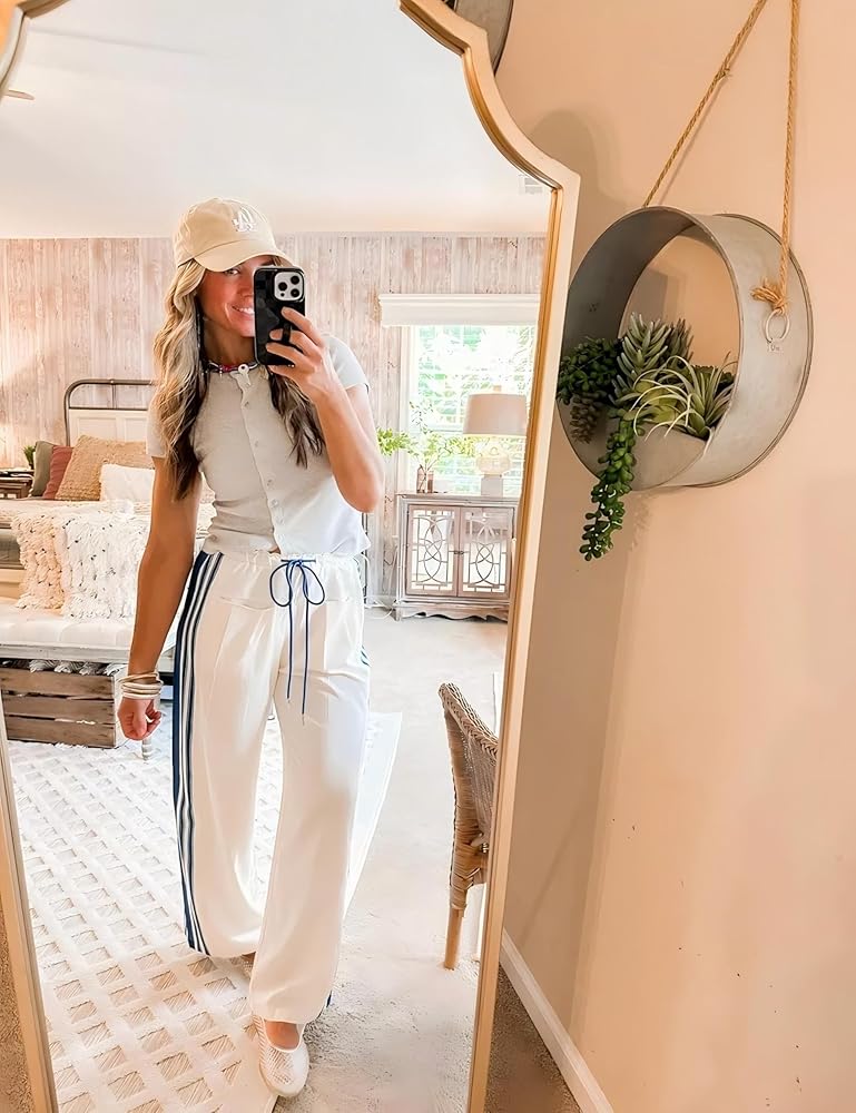 Hongsui Women's Wide Leg Pants Drawstring High Rise Side Striped