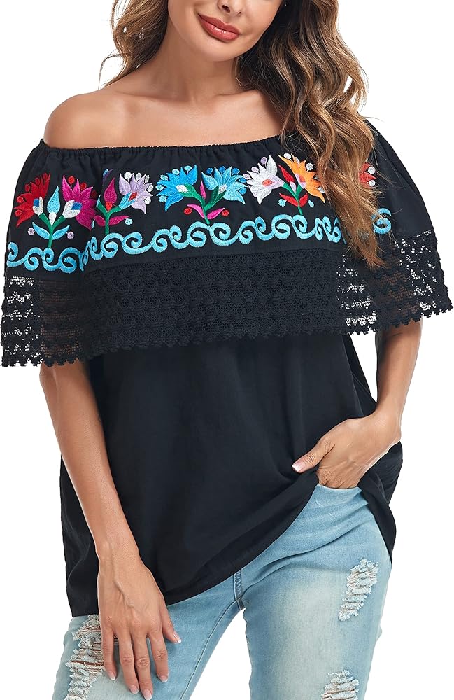 YZXDORWJ Women Mexican Embroidered Off-Shoulder Blouse Lace