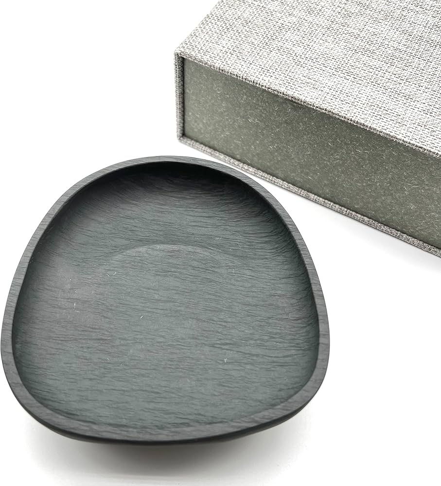 歙州硯 水波羅紋や金暈金星の美石】◇龍尾山◇唐木共箱◇歙硯◇長方六