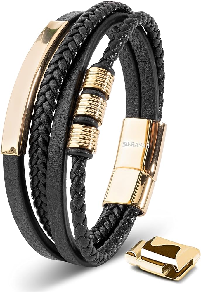 Amazon.co.jp: [SERASAR] メンズ ゴールドブレスレット 17cm レザー