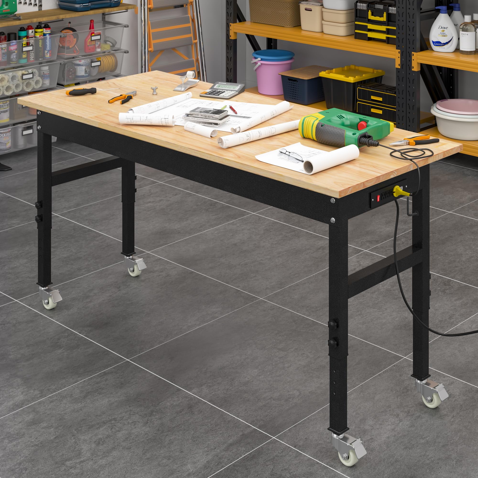 Amazon.co.jp: 48インチ 調節可能な作業台、ゴム製木製天板ワーク