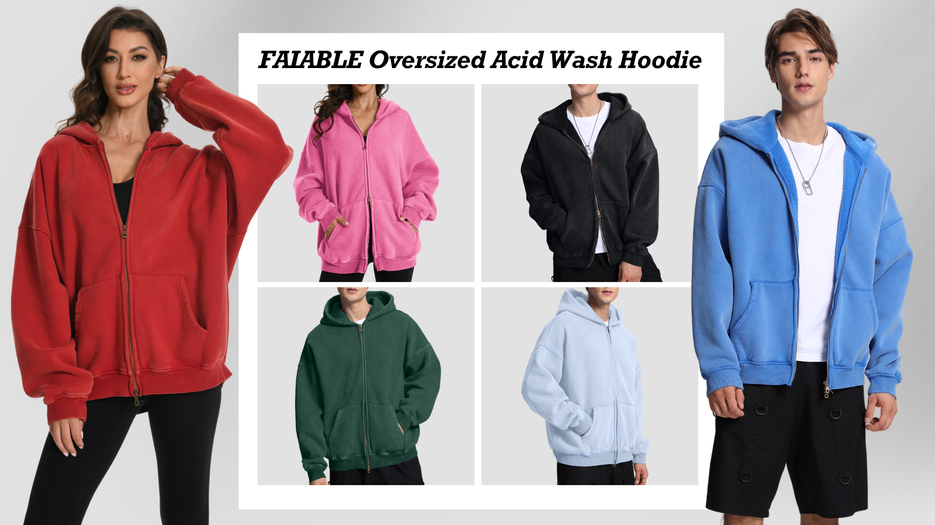 FAIABLE Mens Womens Double Zip Up Hoodie Oversized Acid Wash