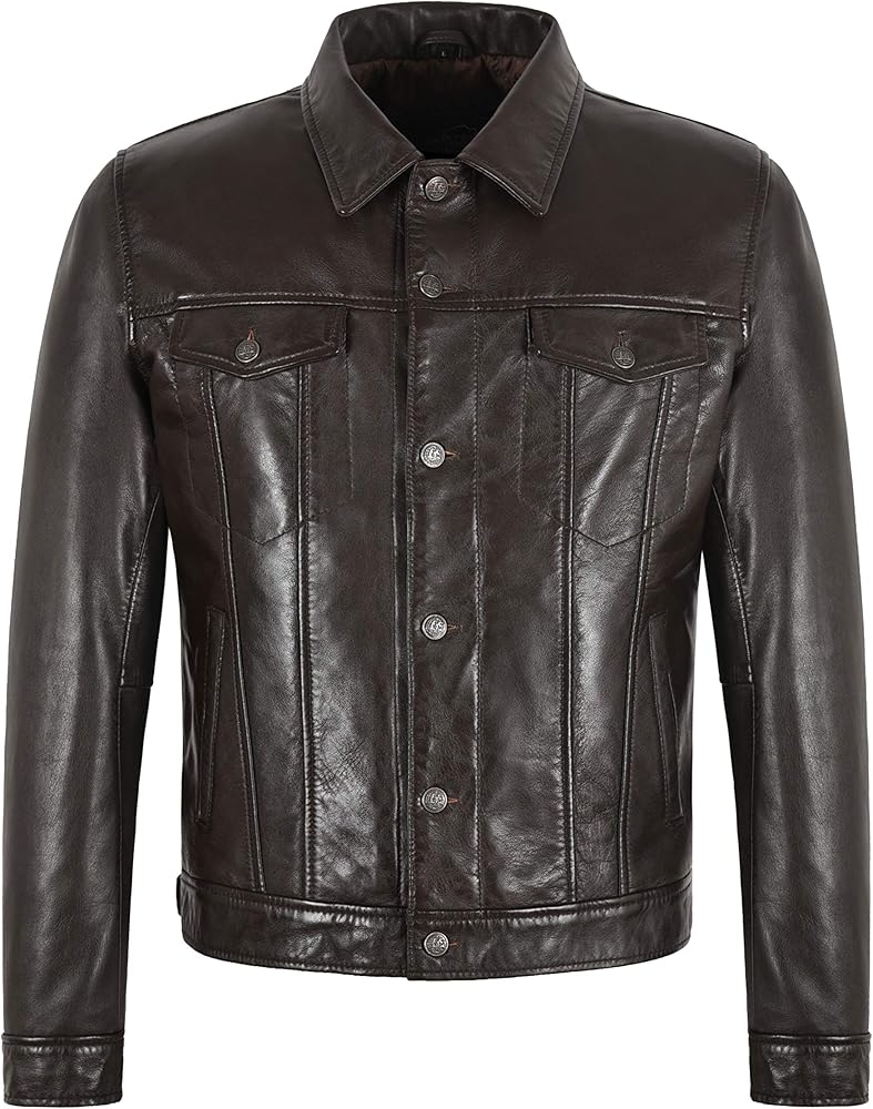 Mens Leather TRUCKER JACKET Chocolate Brown Real Leather Classic