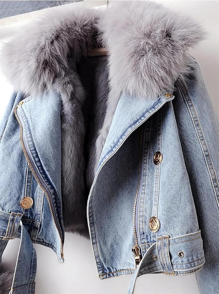 Women Denim Jacket with Fur Warm Fur Collar Rabbit Fur Lined Denim