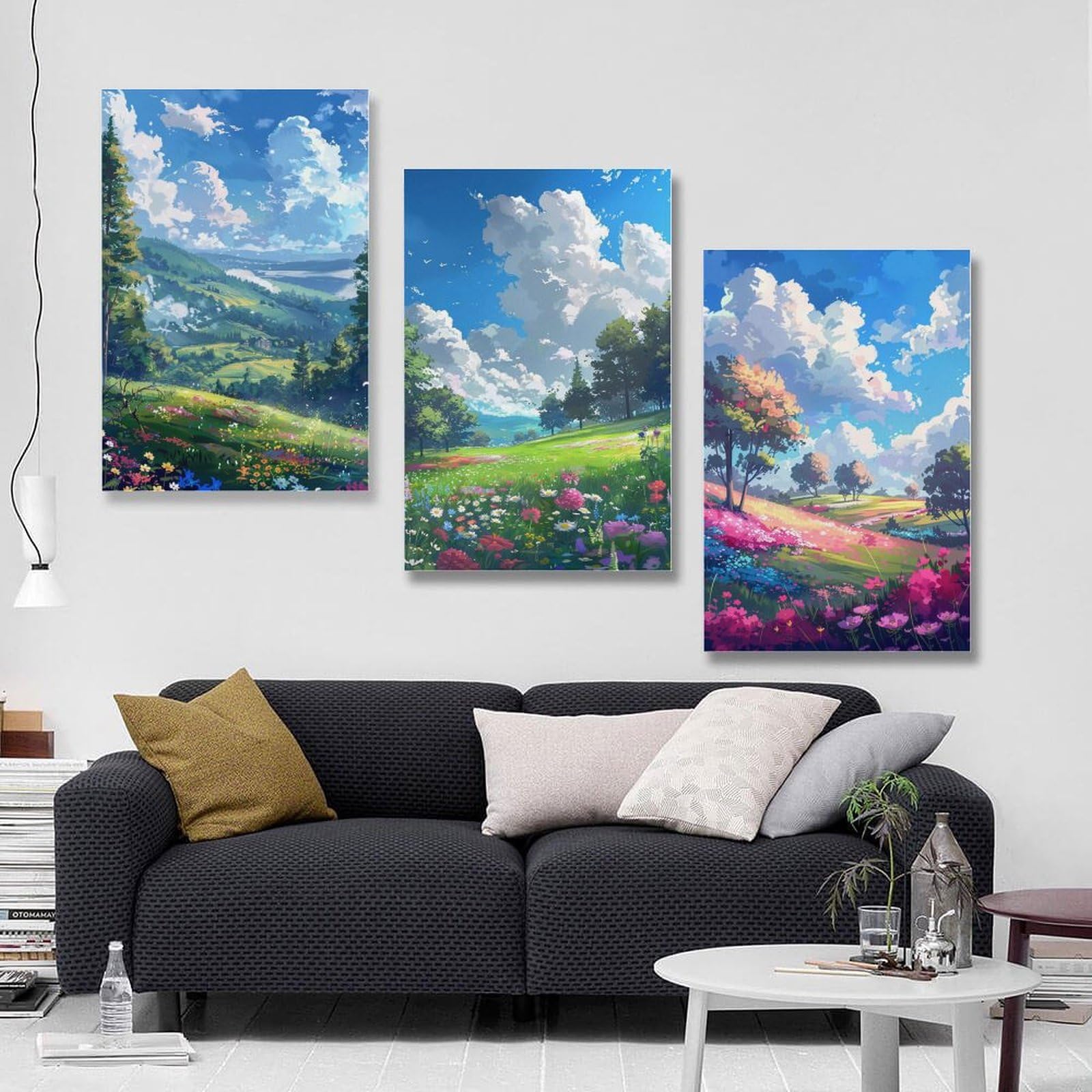 Amazon.co.jp: 3枚 青い空と白い雲の下の荒野の花畑の風景 絵画