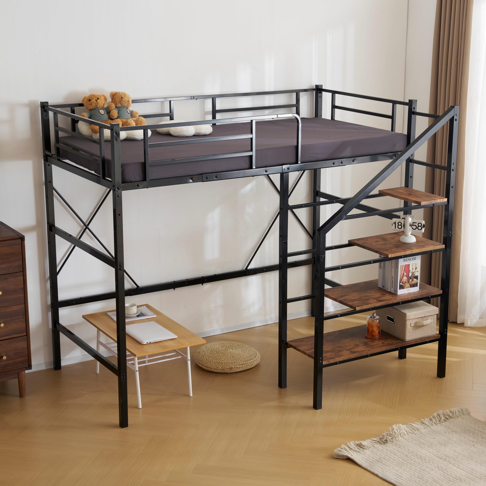 Amazon｜ロフトベッド 階段付き シングル パイプベッド コンパクト