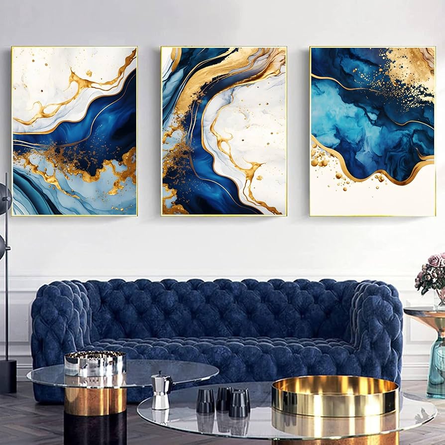 Amazon.co.jp: ネイビーブルーとゴールドの抽象的なウォールアート