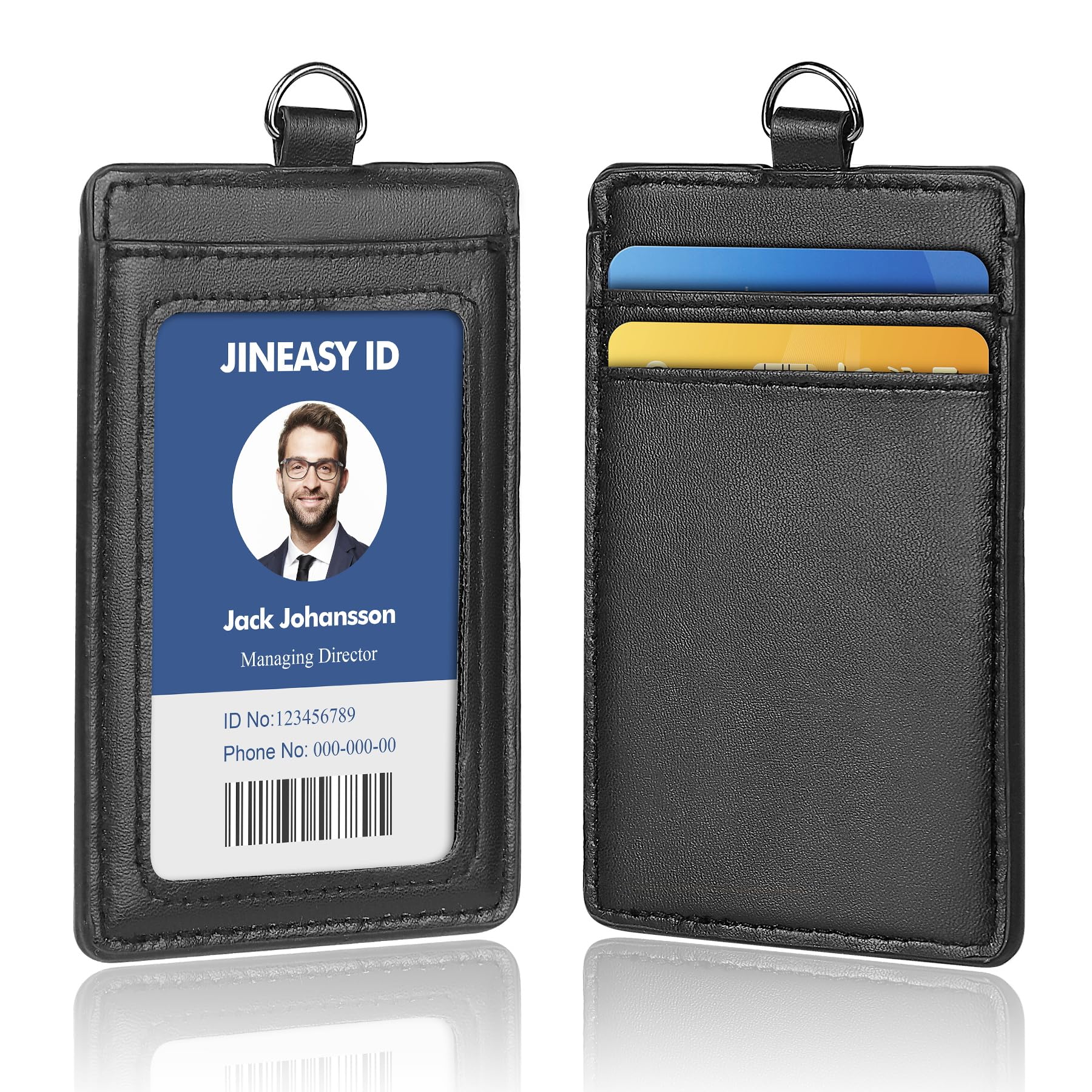 JINEASY ID Leather ID Badge Holder Vertical Lanyard ID Card Holder