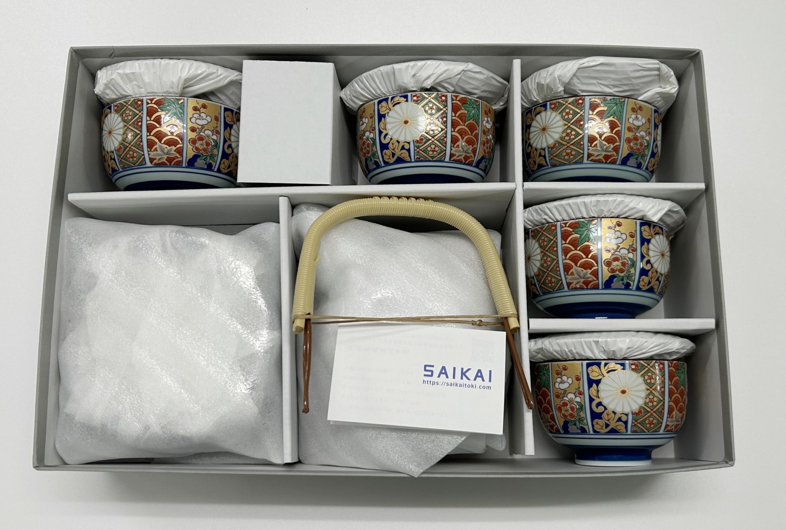 Amazon.co.jp: 四季夢彩 金彩古伊万里 湯呑み 5客 急須セット 茶托付き