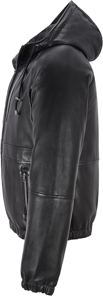 Mens Hooded Leather Jacket 100% Lambskin Casual Rock Star Fitted