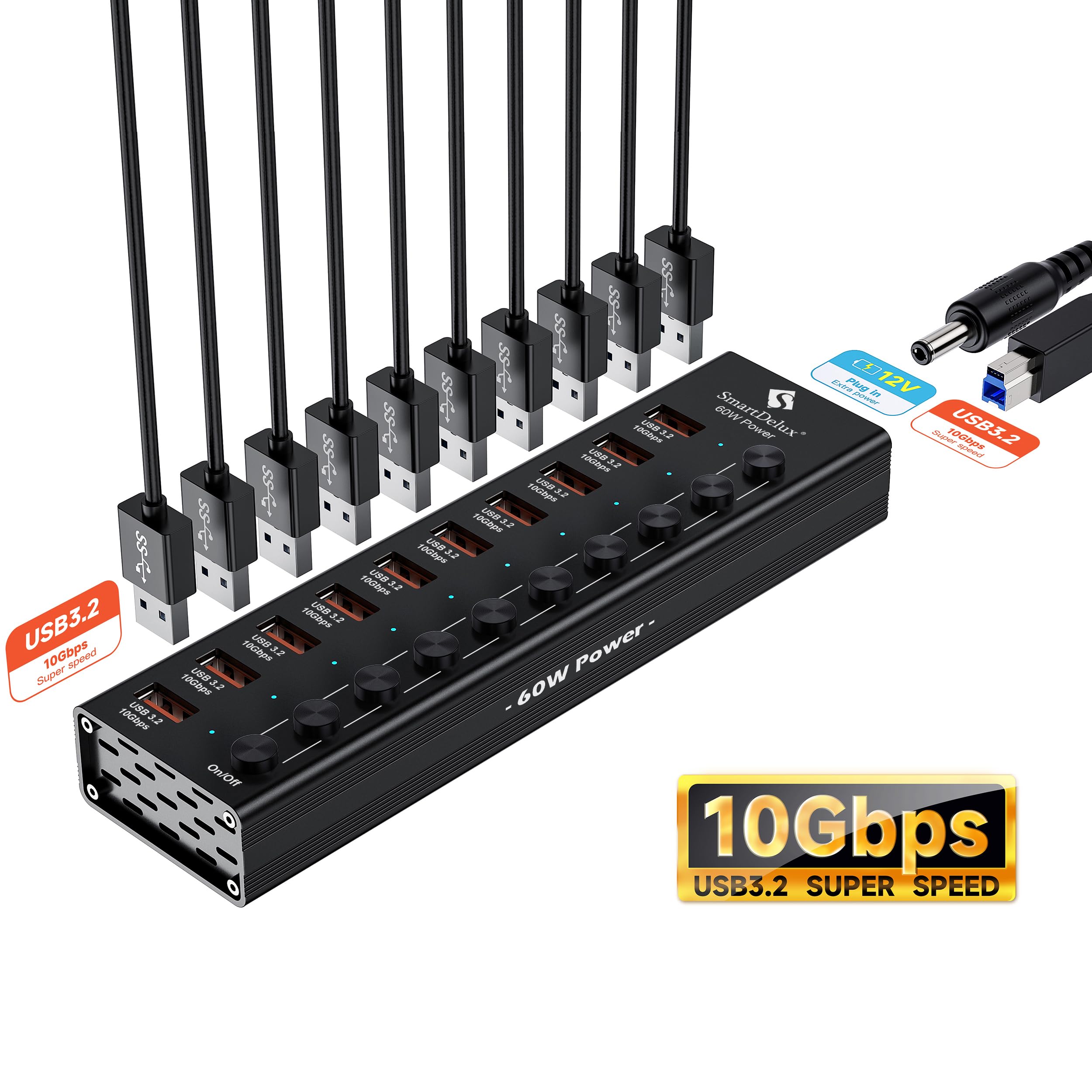 Amazon.com: Powered USB 3.2 to Type-A, Type-C Hub, SmartDelux