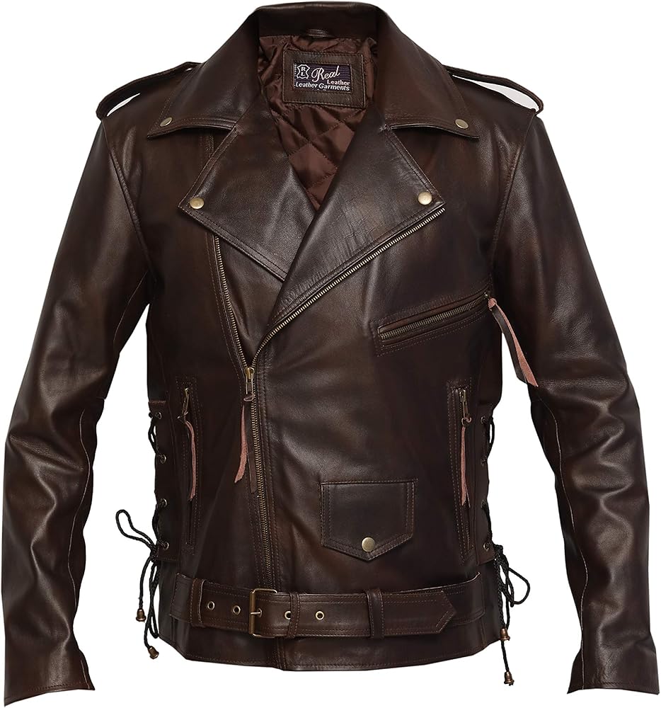 Mens Retro Vintage Brando Distressed Brown Cowhide Leather Jacket