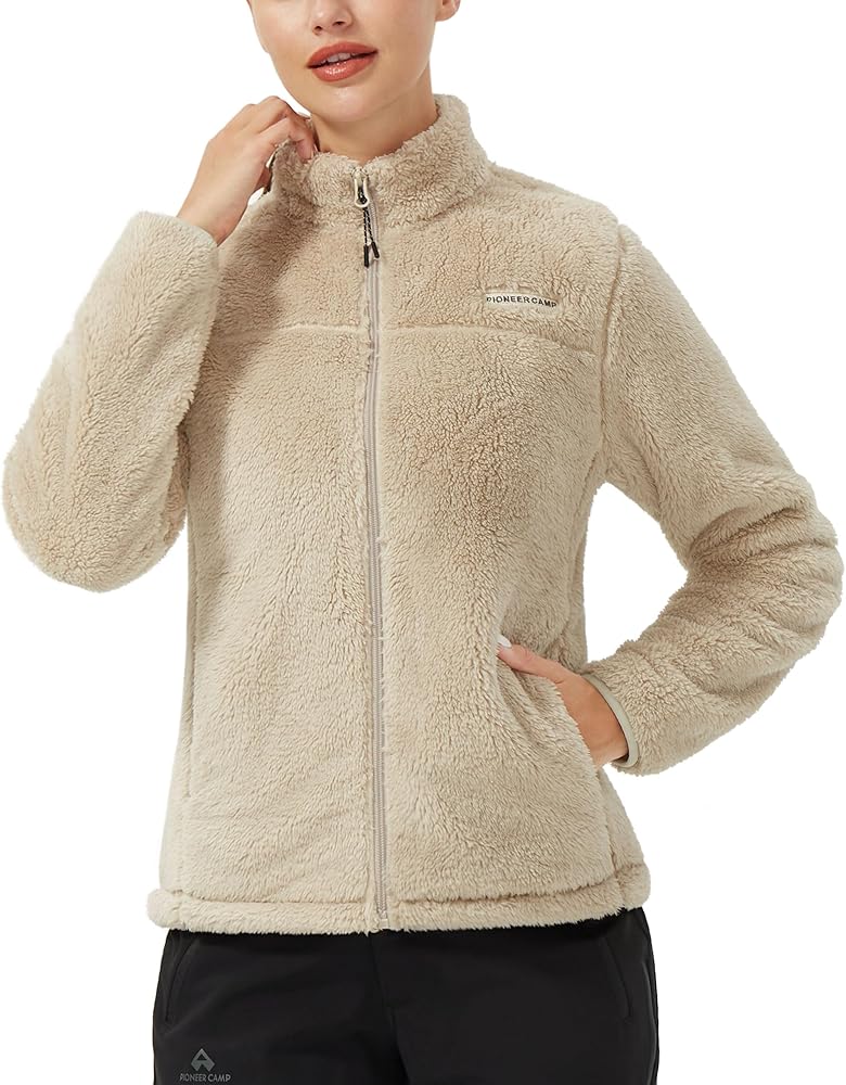 Pioneer Camp Zip Up Fuzzy Fleece Jacket for Women, Stand Collar