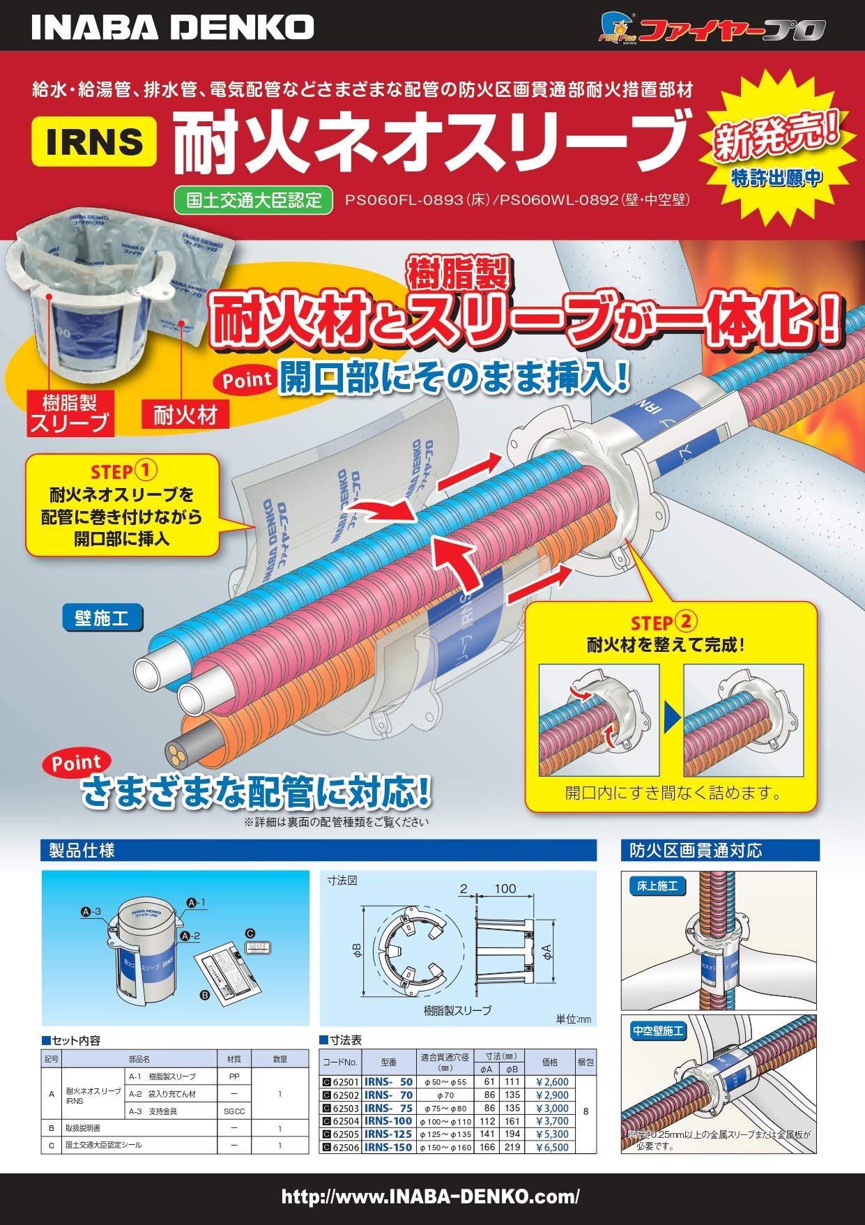 Amazon.co.jp: 因幡電工 耐火ネオスリーブ 適合貫通穴径φ50～55mm 防火