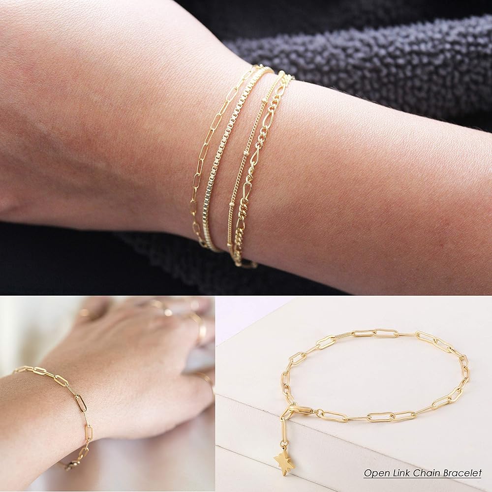 Aobei Pearl 18K Gold Link Chain Bracelet Tiny Pearl Turquoise