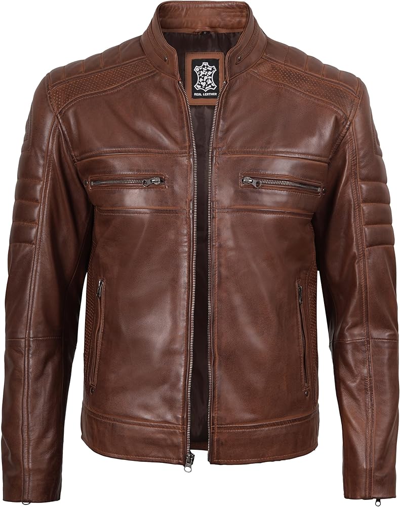 fjackets Brown Leather Jacket Mens - Cafe Racer Real Lambskin