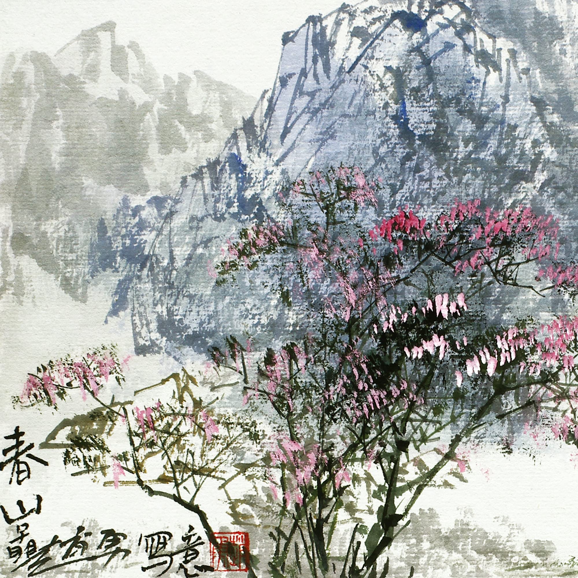 Amazon.co.jp: 風景画 山水画 手描き中国水墨画 色紙作品 手描り絵画