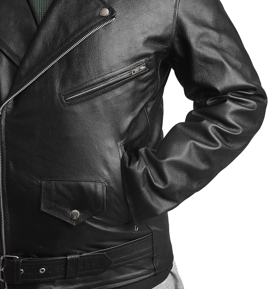 ZAPRIS Motorcycle Leather Jacket With Belt Motorbike Biker Classic