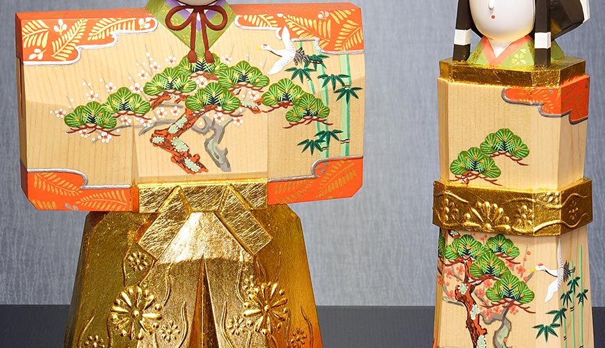 万葉堂 奈良一刀彫 雛人形 吉岡一泰作 立雛-松竹梅6寸