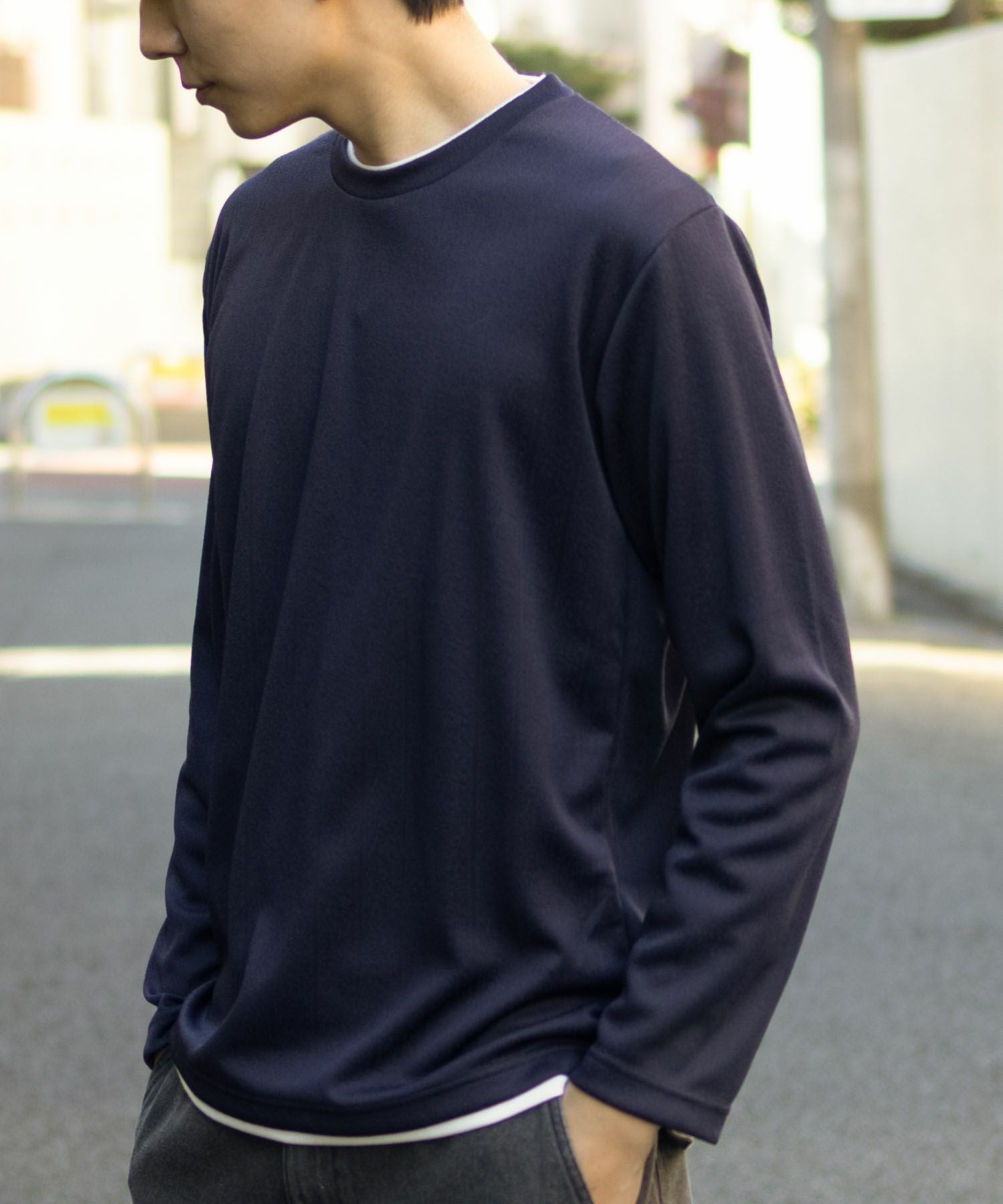 NAVY ストライプフェイクレイヤード長袖Tシャツ メンズ