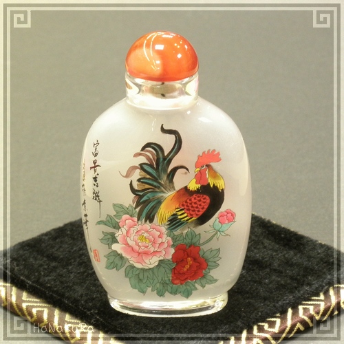 鼻煙壷 鼻煙香 67 鶏と牡丹 ニワトリ ボタン 内側から手描き 工芸品