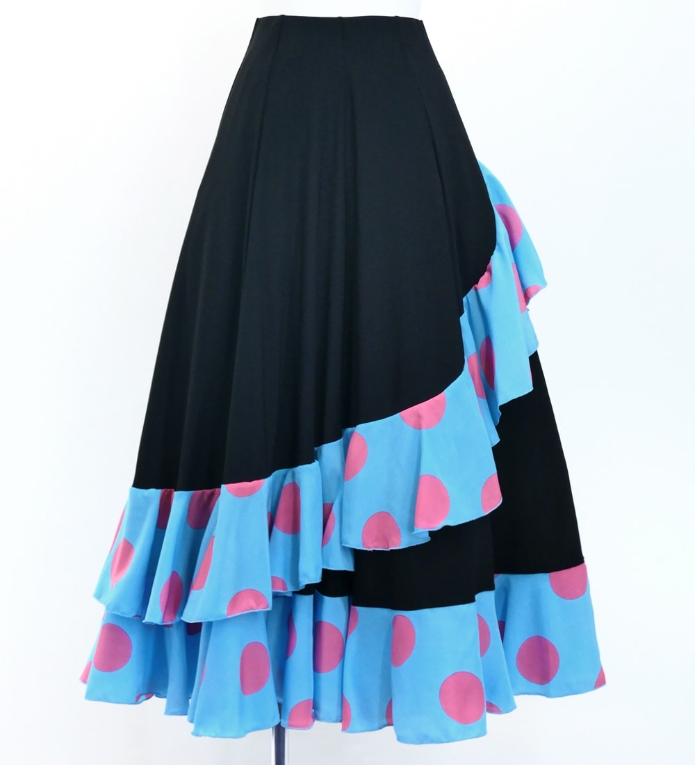 フラメンコ 水玉 斜めフリル ファルダスカート ブルー 3047bl