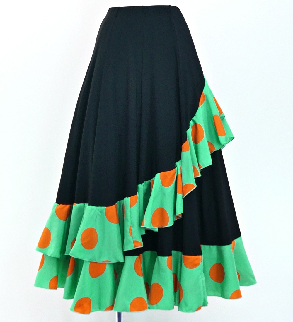 フラメンコ 水玉 斜めフリル ファルダスカート グリーン 3047gr