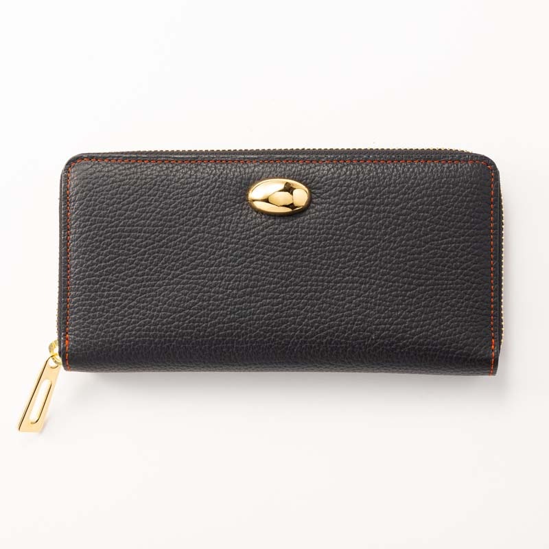 レディース ラウンド長財布 日本製 黒×朱色レディースバッグ 大人