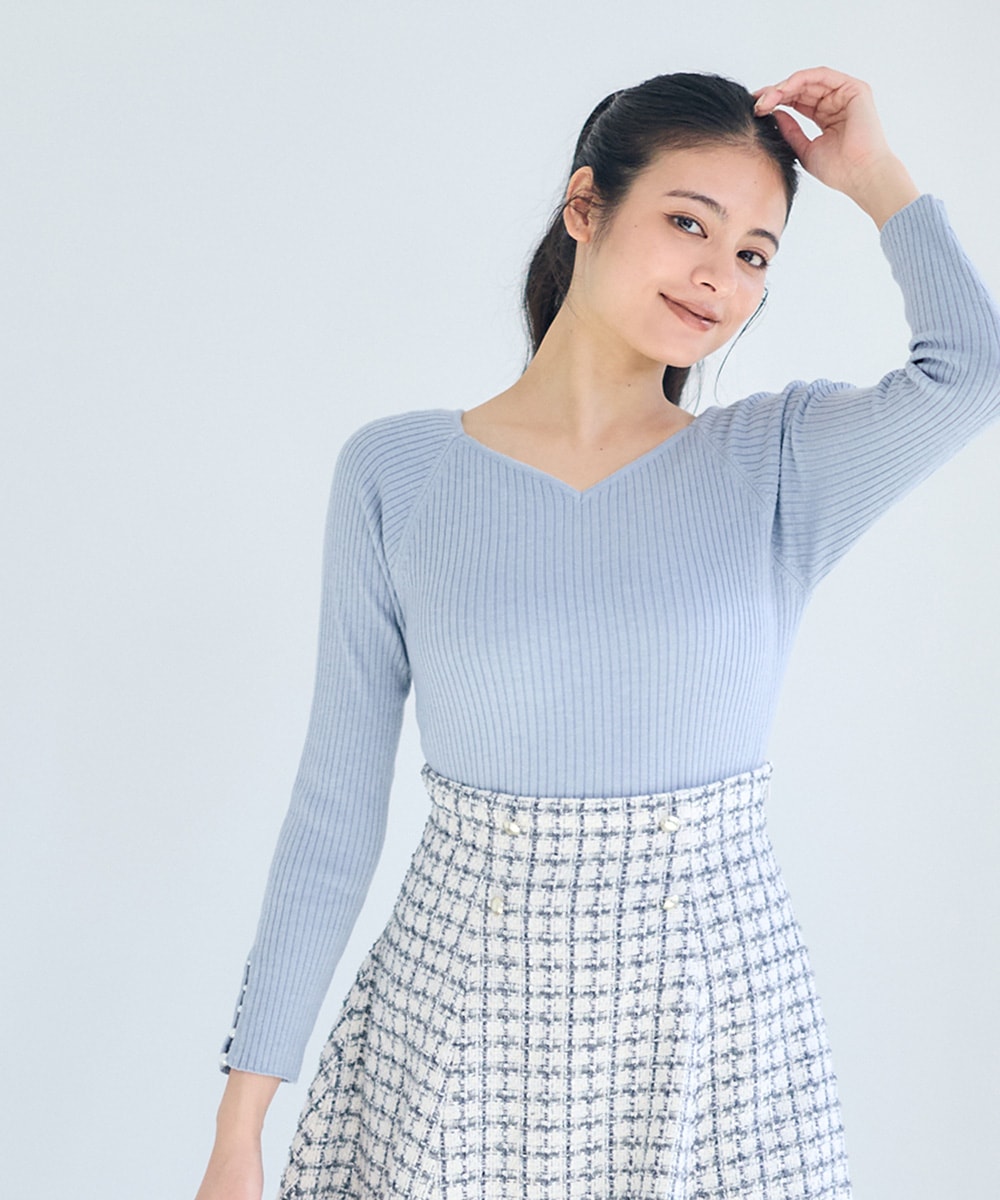 SALE】ハートネック袖口アソートパールリブニットプルオーバー