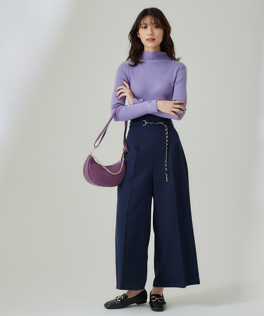 SALE】ウォッシャブルチェーンベルト付ハイウエストワイドパンツ